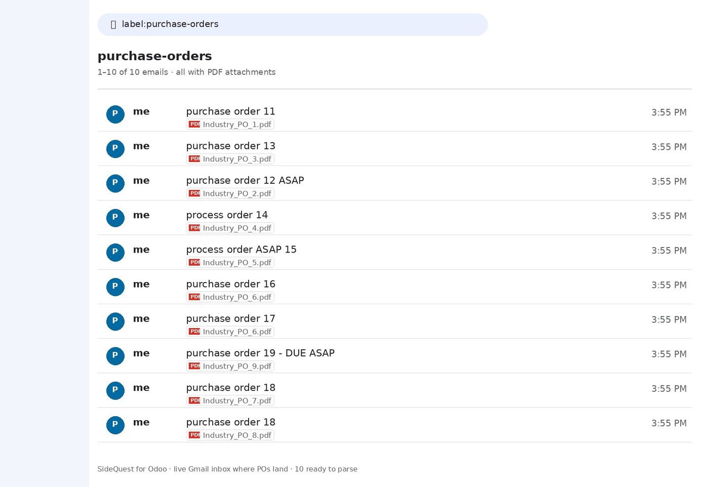 Gmail inbox showing 10 purchase order emails with the purchase-orders label and PDF attachments