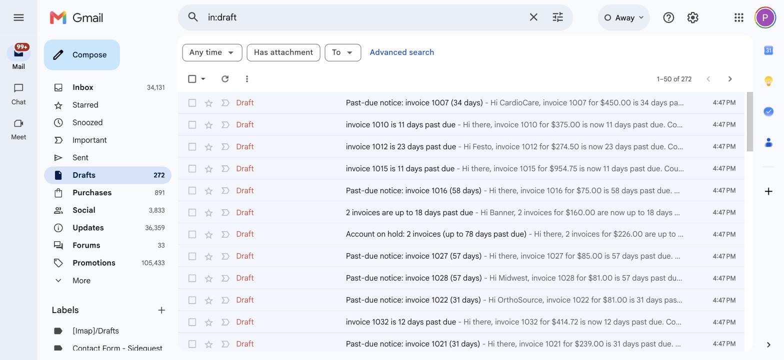 Gmail Drafts folder showing 17 fresh AR collection emails at the top